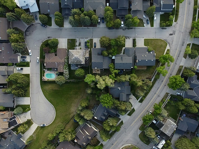 Aerial view of a leafy suburban neighborhood