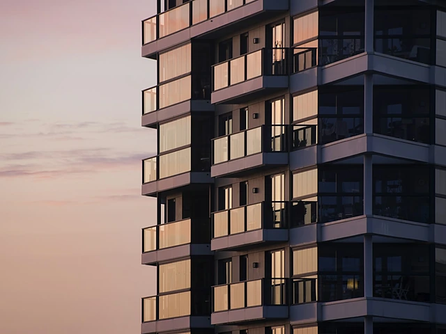 A modern apartment building with glass balconies at sunset