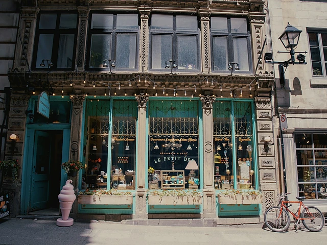 A charming boutique storefront with string lights