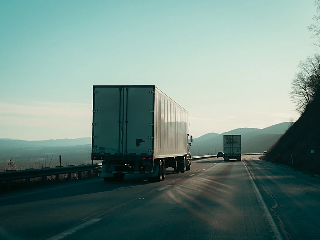 Semi-trucks hauling freight on a highway through the hills